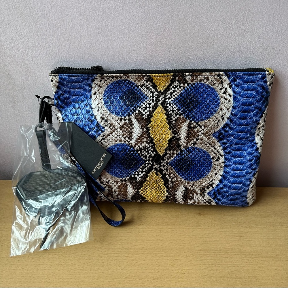 Brand New W/ Tags Christian Siriano Kenza Blue Yellow Python Snake design Clutch